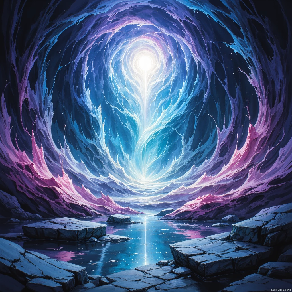 A surreal, glowing tunnel with swirling colors and a bright light at the end.