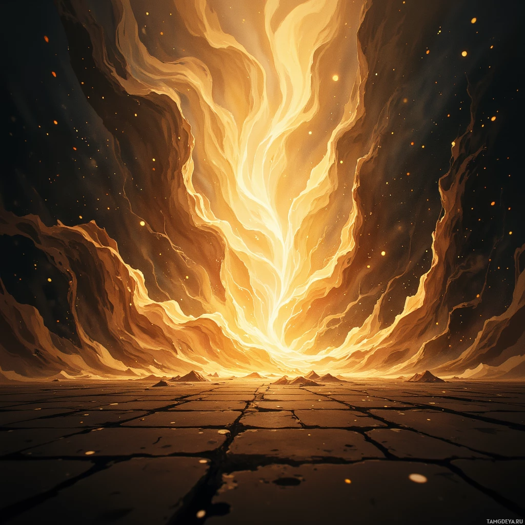 A fiery, glowing sky with swirling clouds and glowing embers falling.