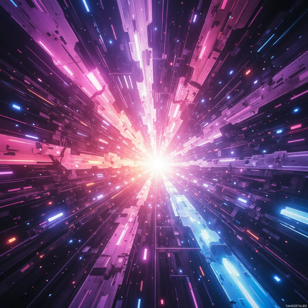 A futuristic, neon-lit tunnel with glowing lines and structures.