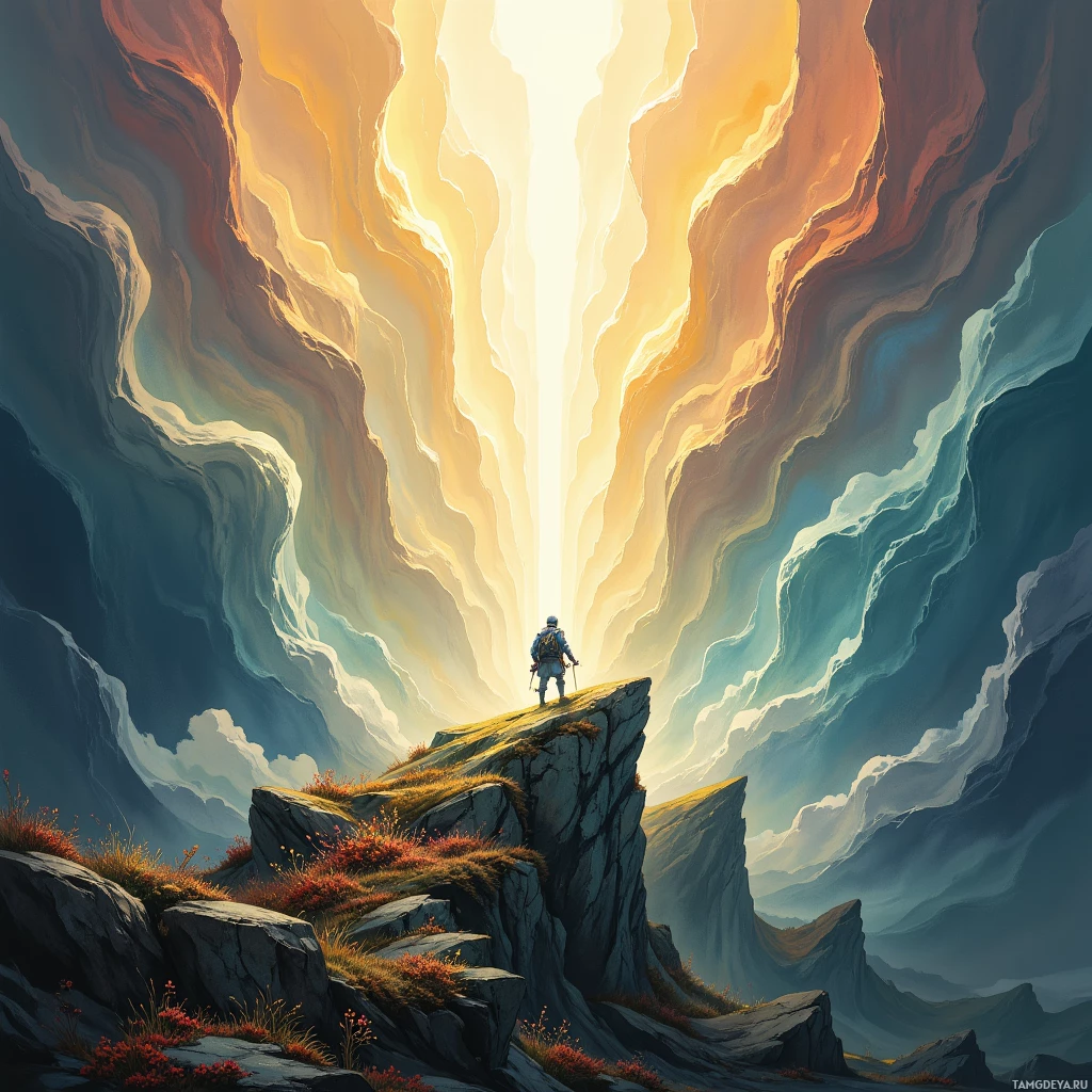 A lone figure stands atop a rocky peak, gazing at a radiant light piercing through a colorful, swirling sky.