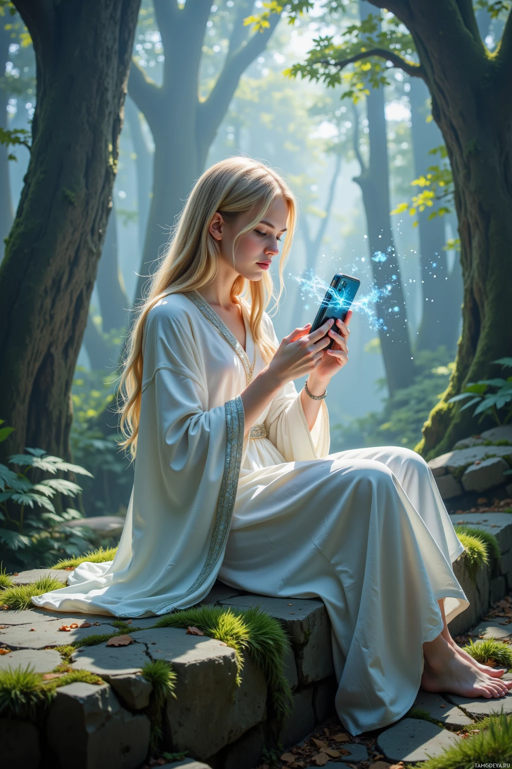 A woman in a white robe sits on stone steps in a forest, holding a glowing smartphone.