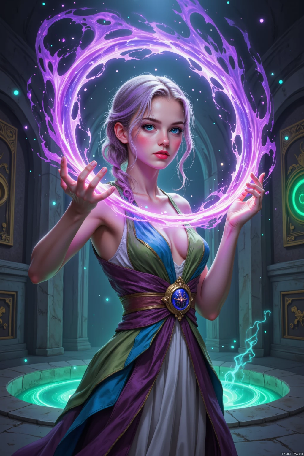 A woman in a colorful dress stands in a grand hall, surrounded by glowing magical energy.