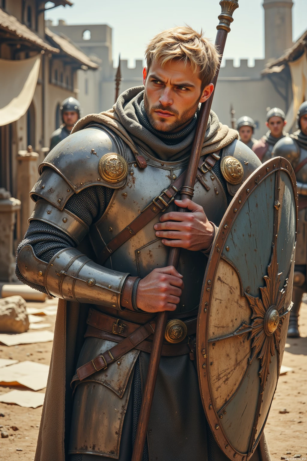A knight in armor holds a shield and spear, standing in a medieval setting.