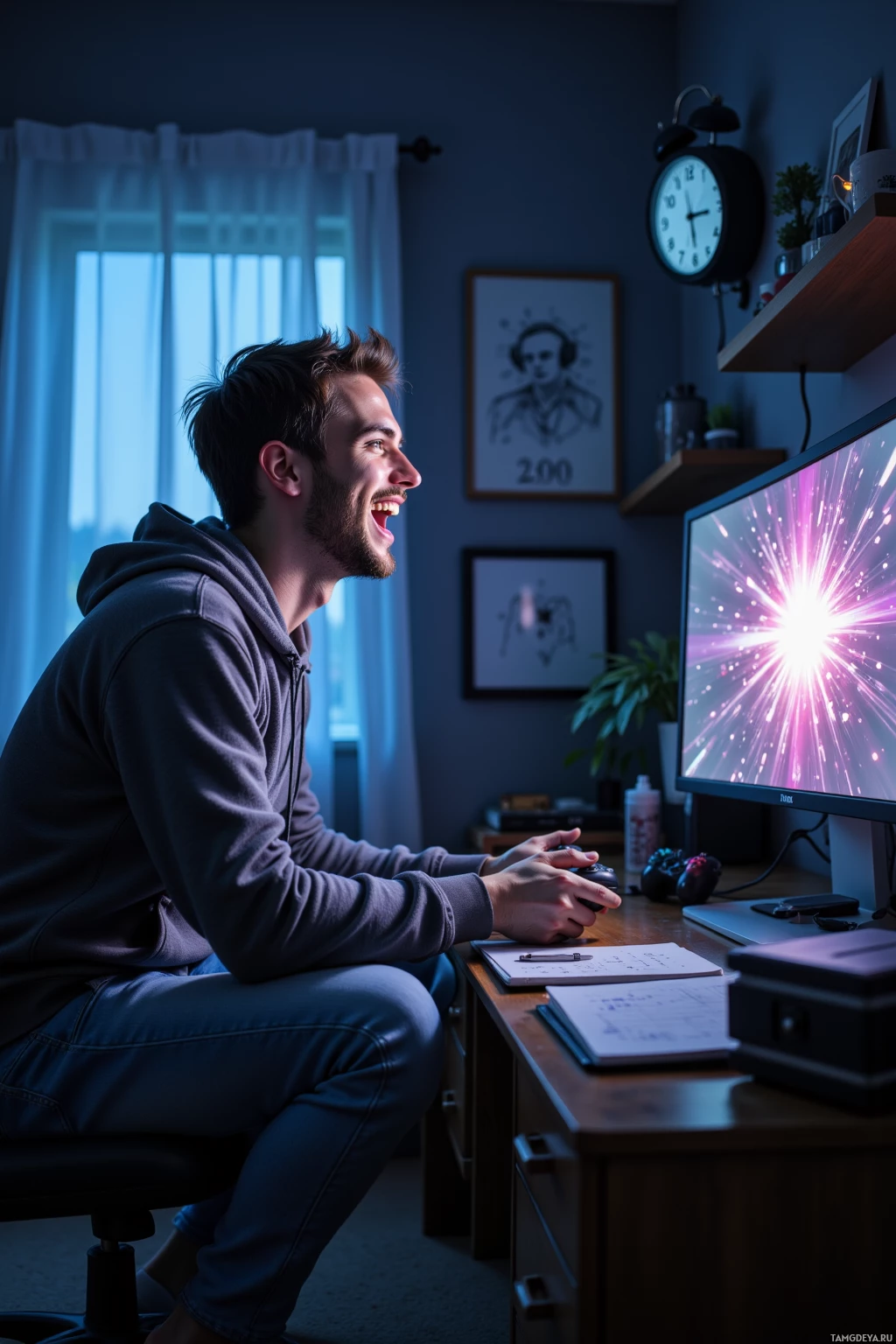A person is sitting at a desk, playing a video game on a computer monitor.
