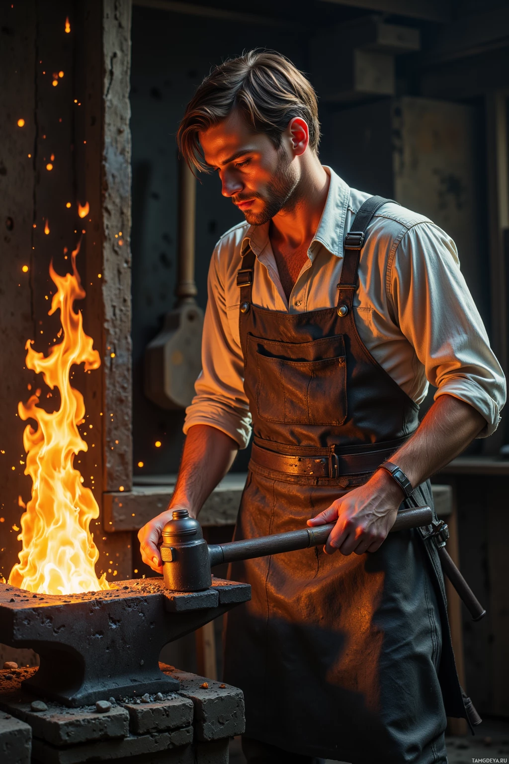 A man in an apron works with a hammer near a forge.