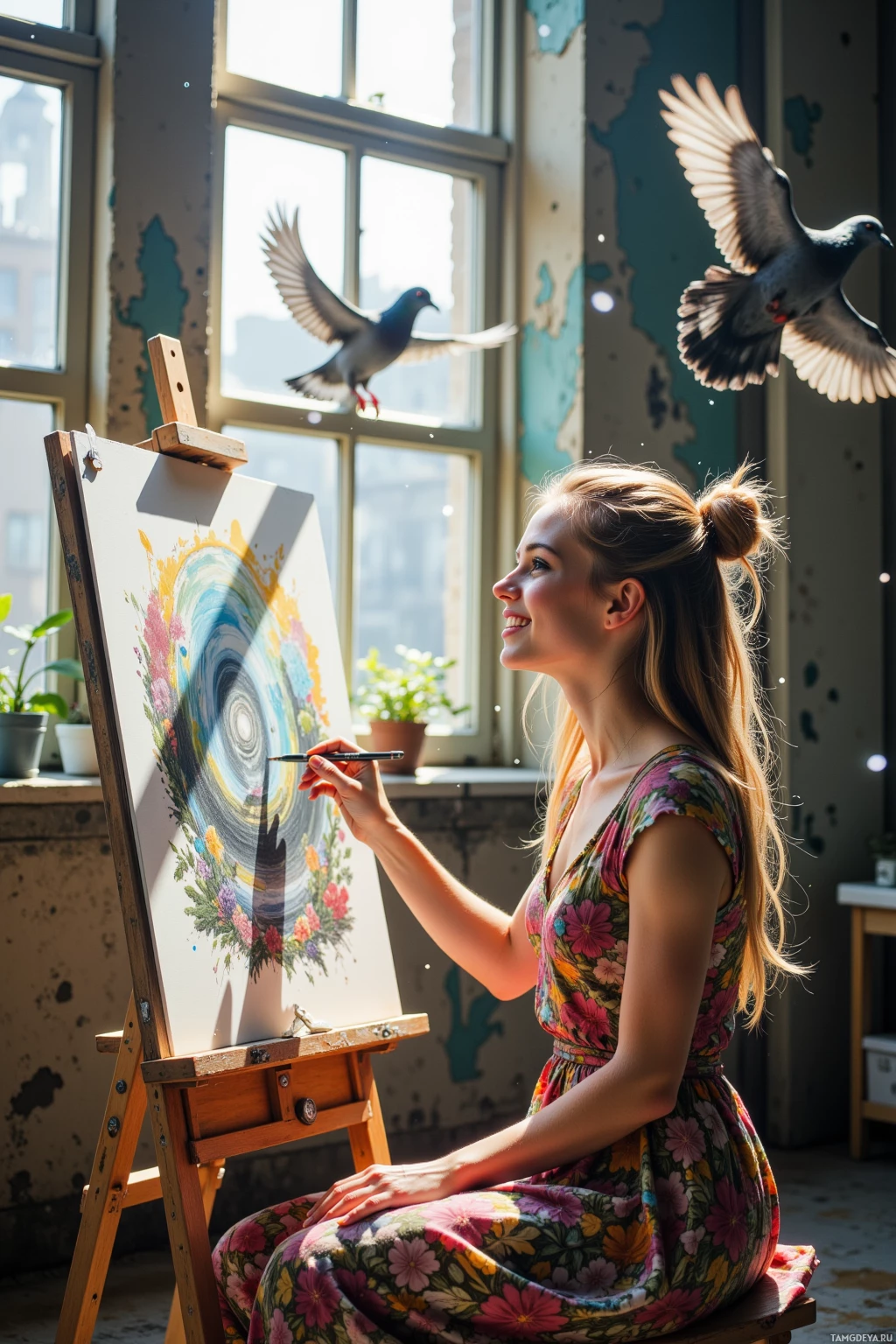 A woman in a floral dress paints a colorful abstract artwork on an easel while pigeons fly around her.