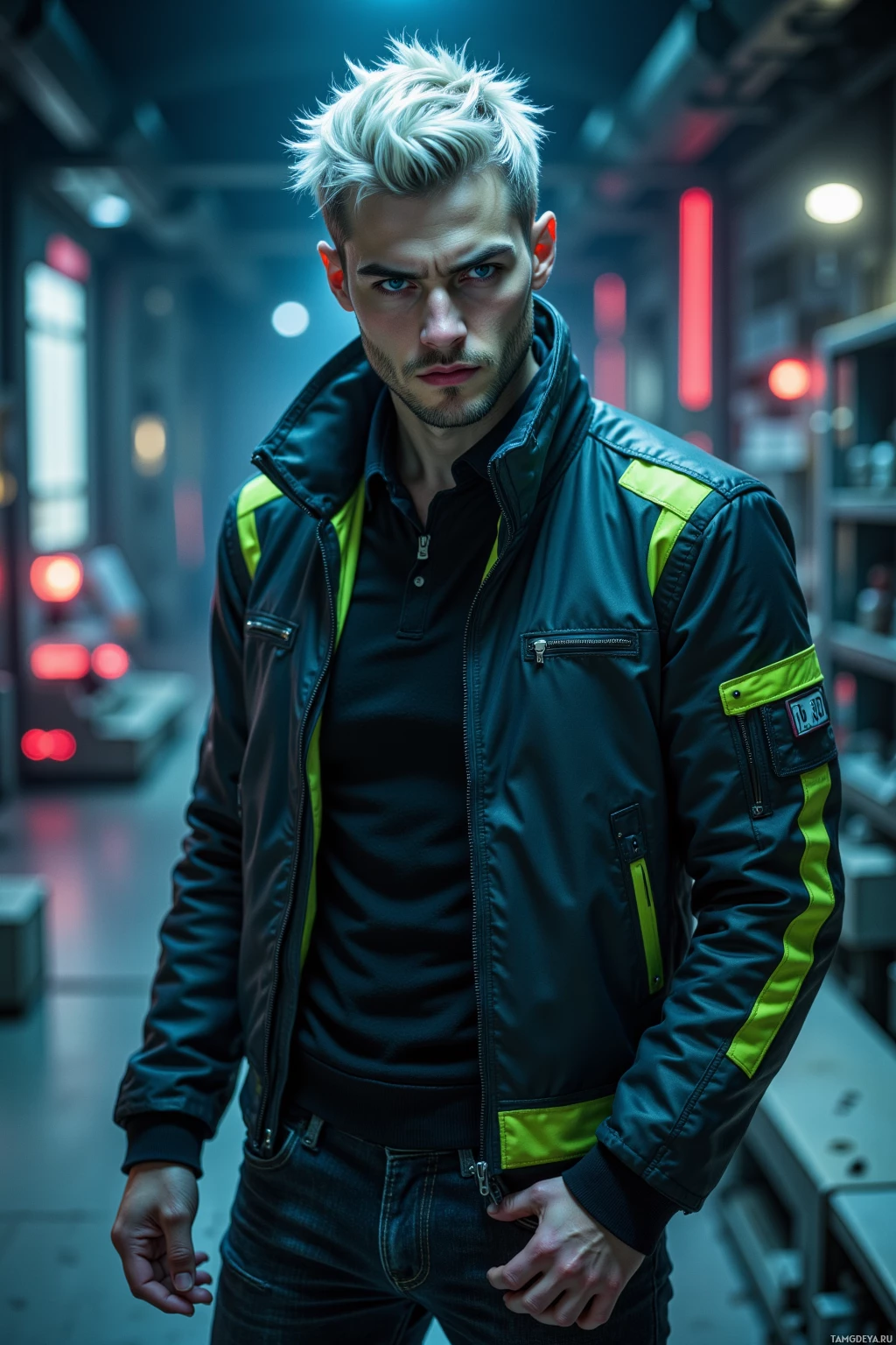 A person wearing a dark jacket with neon green accents stands in a dimly lit, industrial setting.