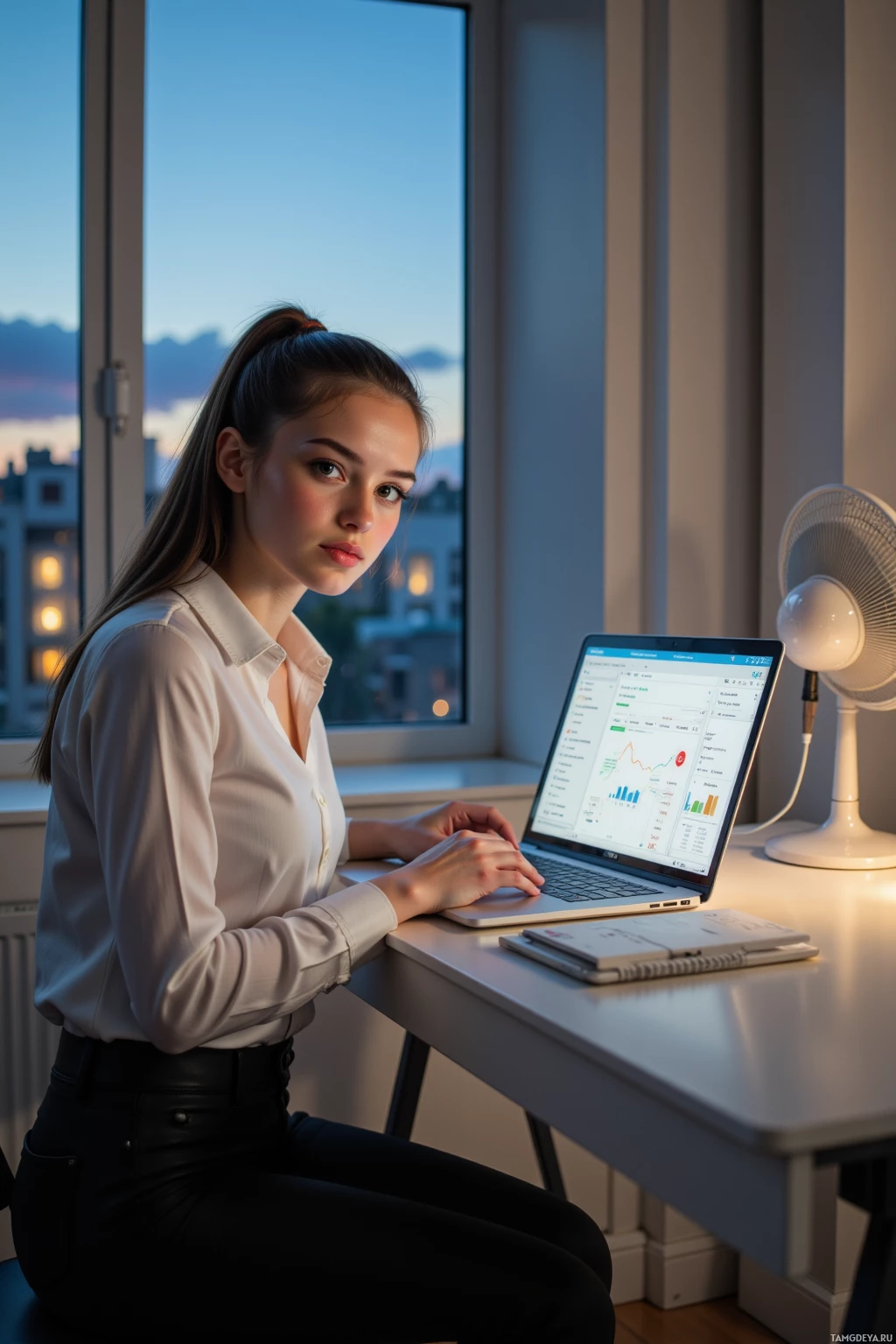 A woman sits at a desk in front of a laptop, with a window showing a cityscape in the background.