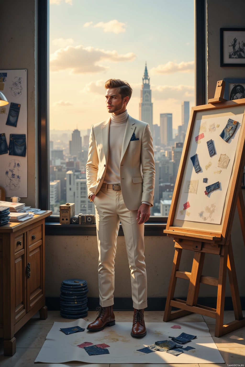 A man in a beige suit stands in a room with a cityscape view, wearing brown shoes and a white turtleneck.