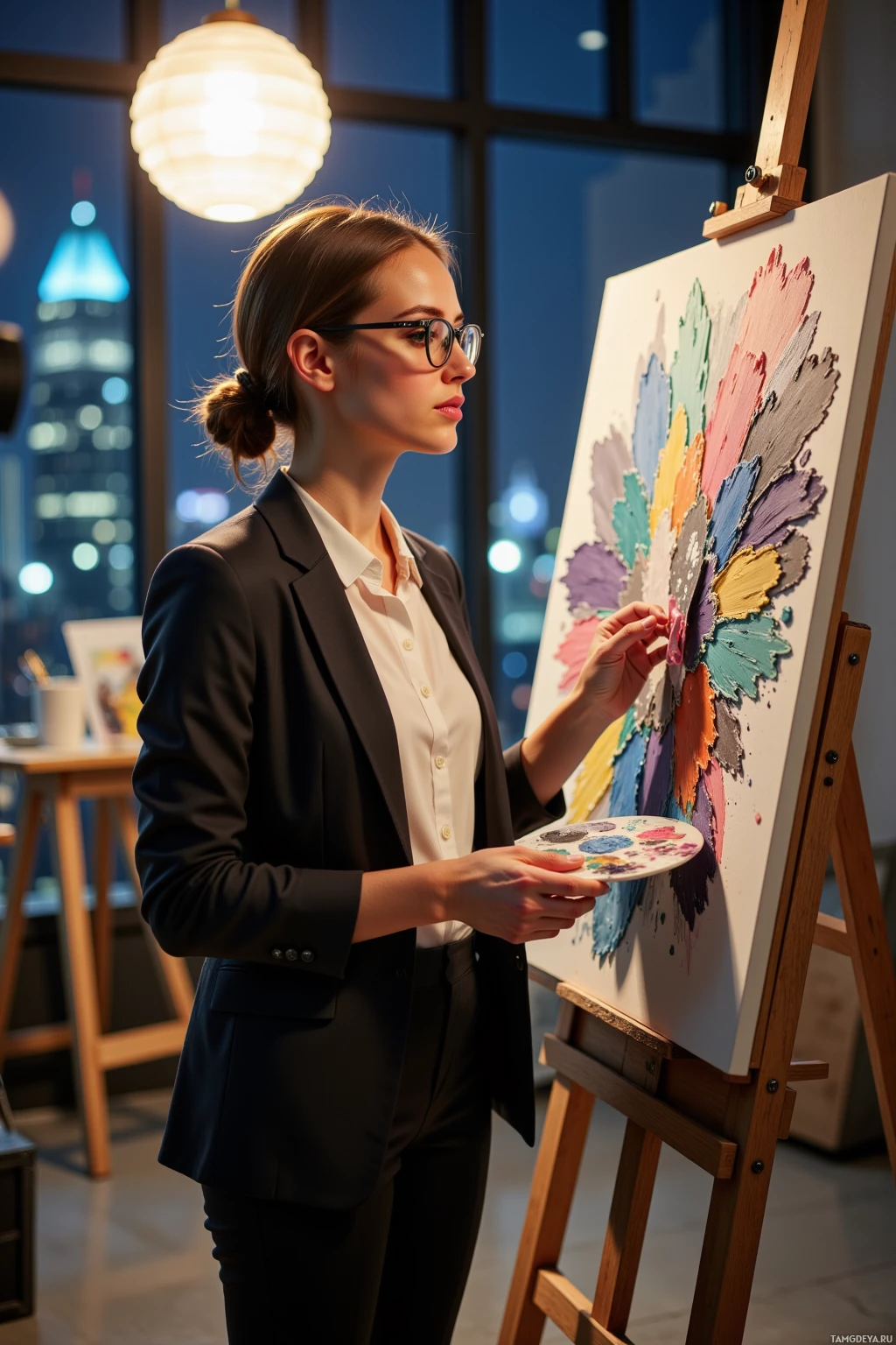 A woman in a suit paints a colorful flower on canvas in a dimly lit room with a cityscape view.