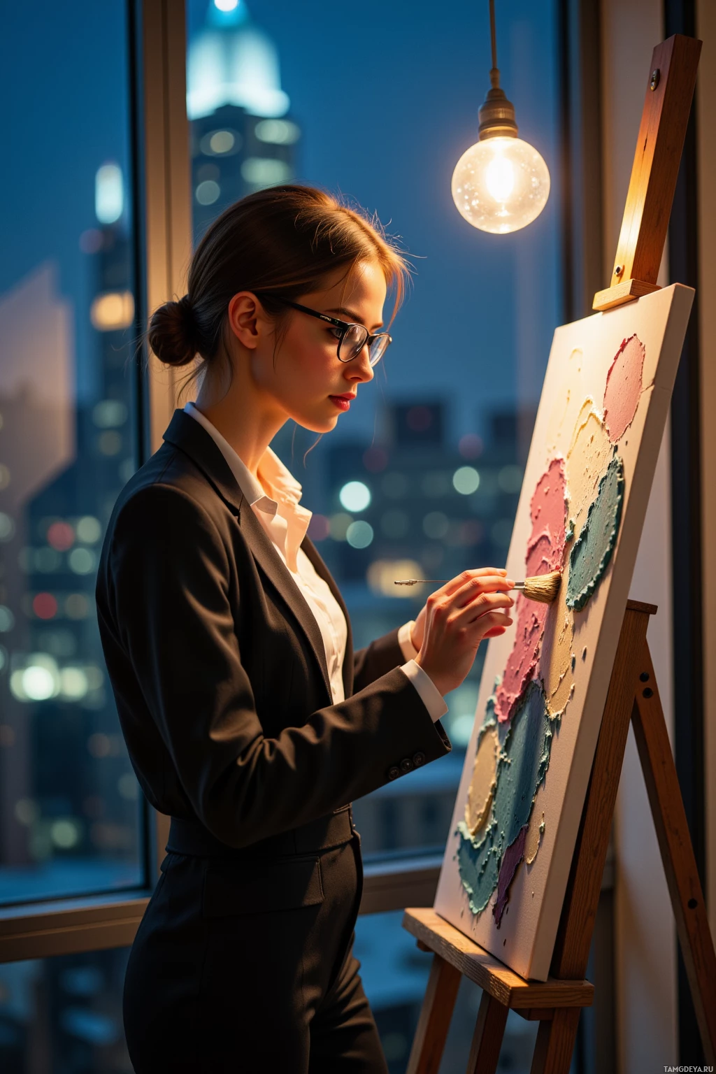 A woman in a suit paints on an easel in front of a cityscape at night.