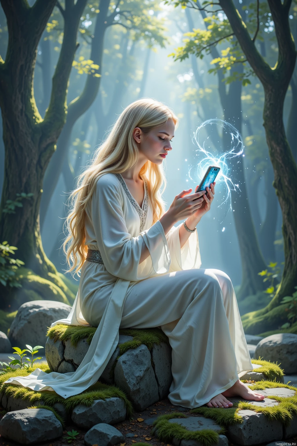 A woman in a white robe sits on a mossy rock in a forest, holding a glowing phone.