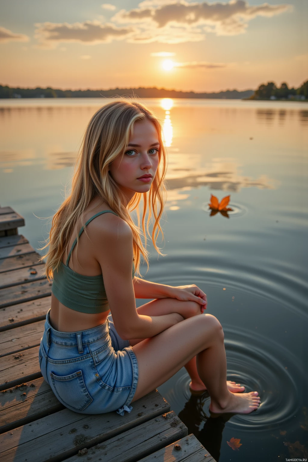 A young woman sits on a dock by a lake at sunset, with a single leaf floating nearby.