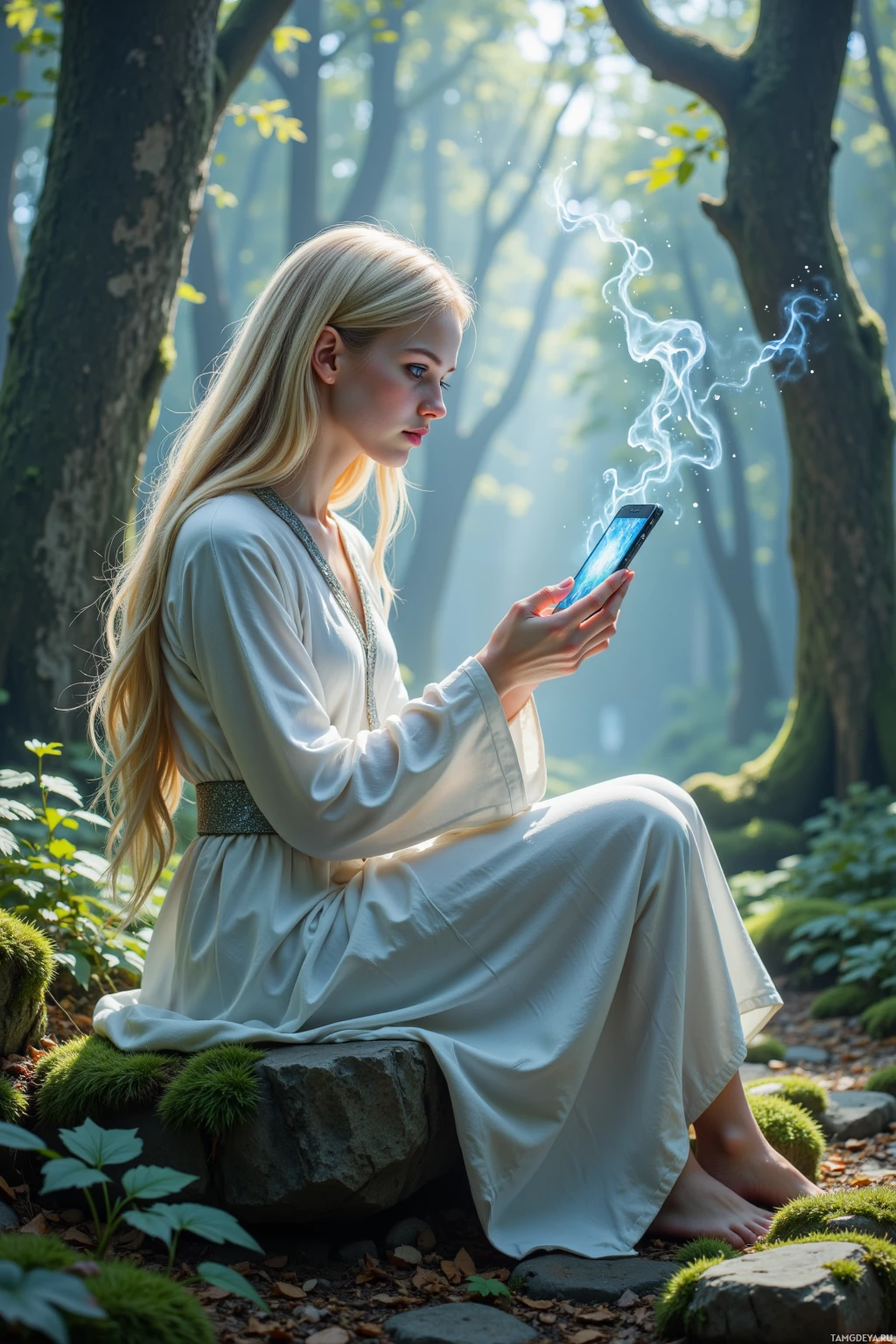 A woman in a white robe sits on a stone in a forest, holding a glowing phone.