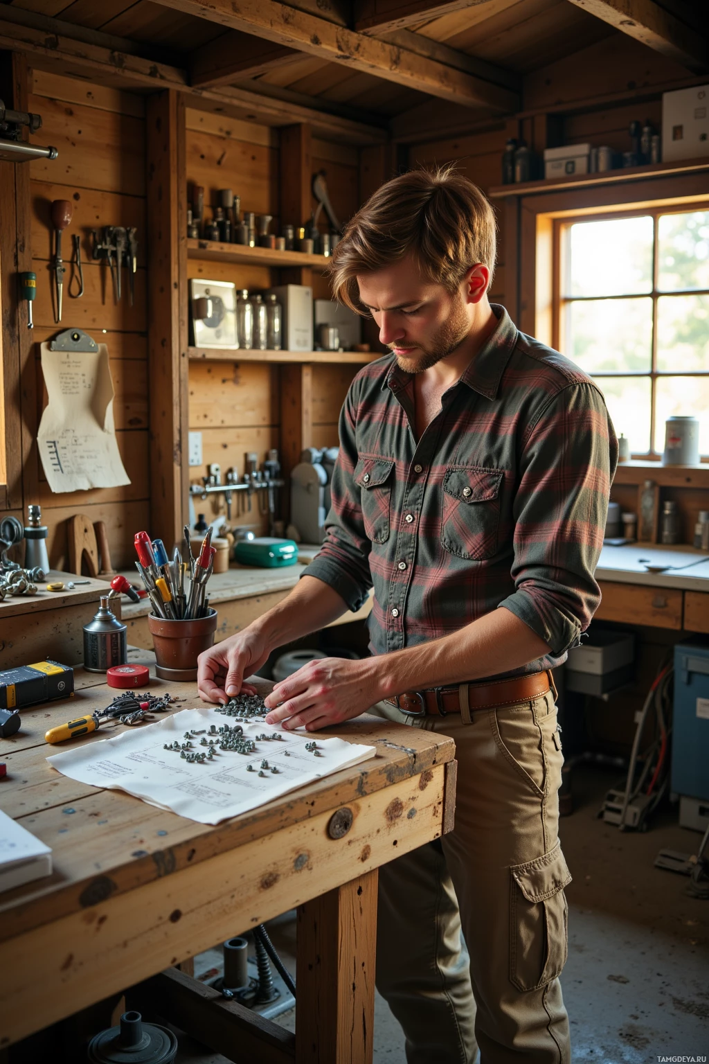A man in a workshop examines small metal parts on a workbench.
