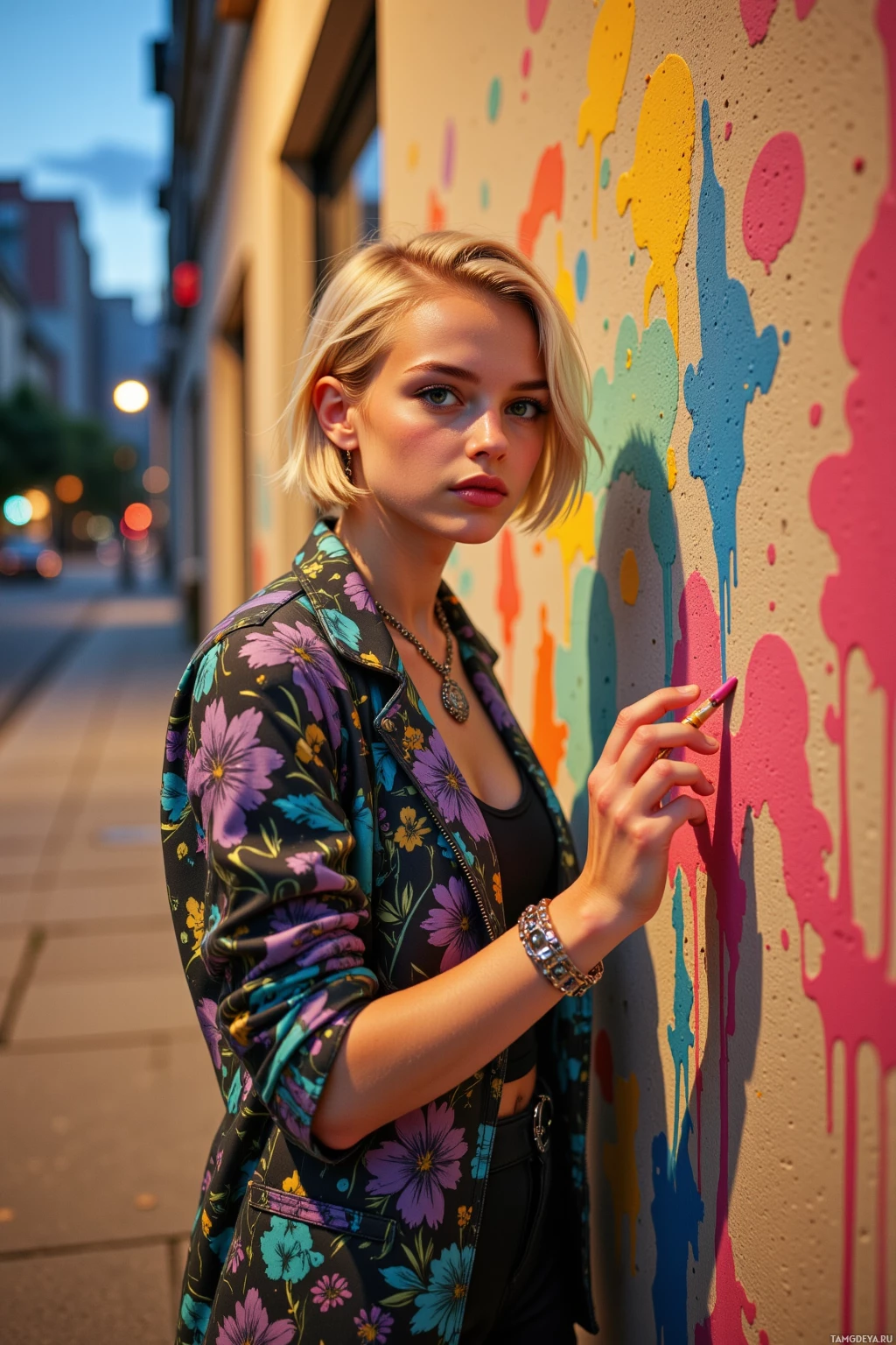 A person stands against a wall with colorful paint splatters, wearing a floral jacket and holding a paintbrush.
