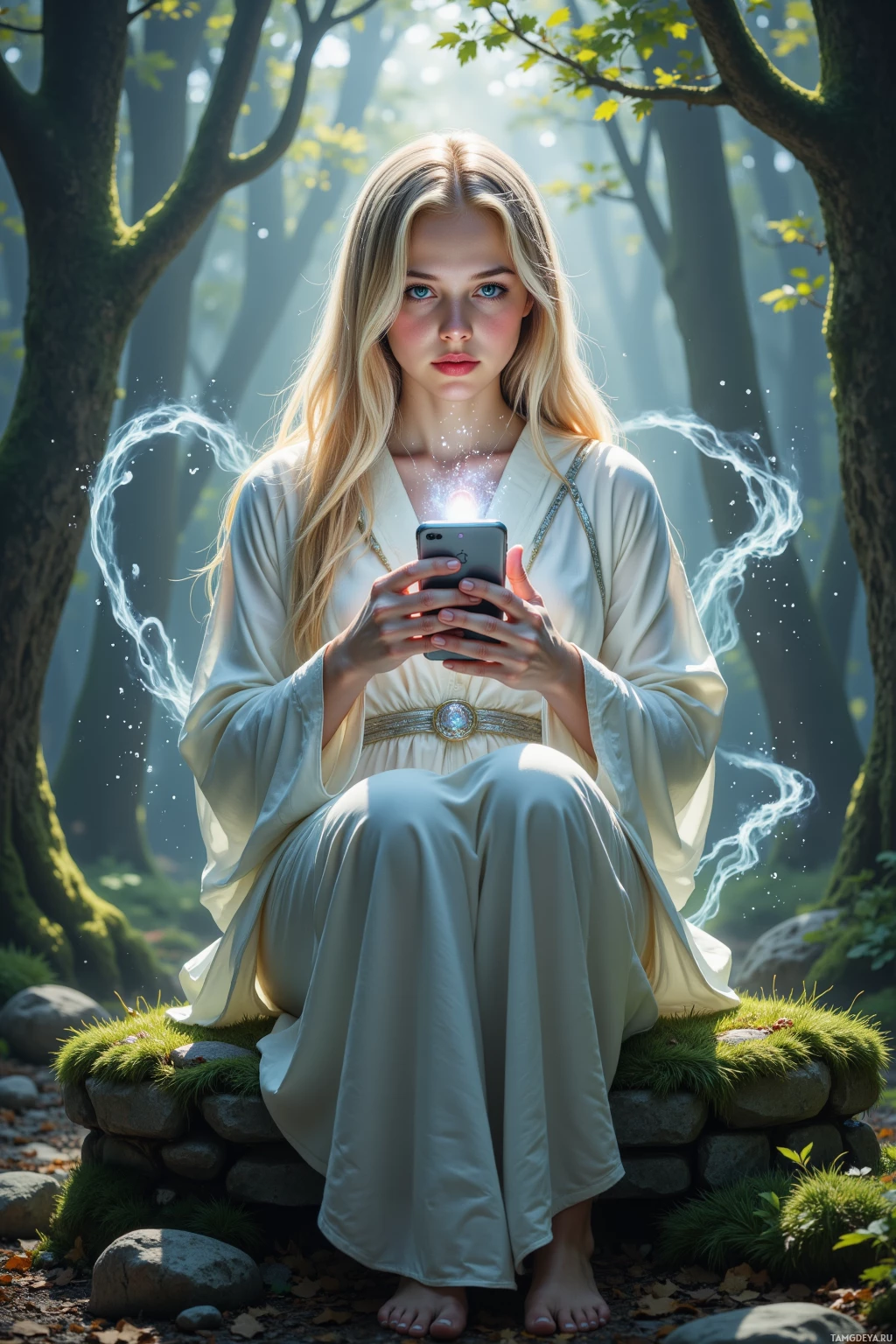A woman in a white robe sits on a stone bench in a forest, holding a smartphone.
