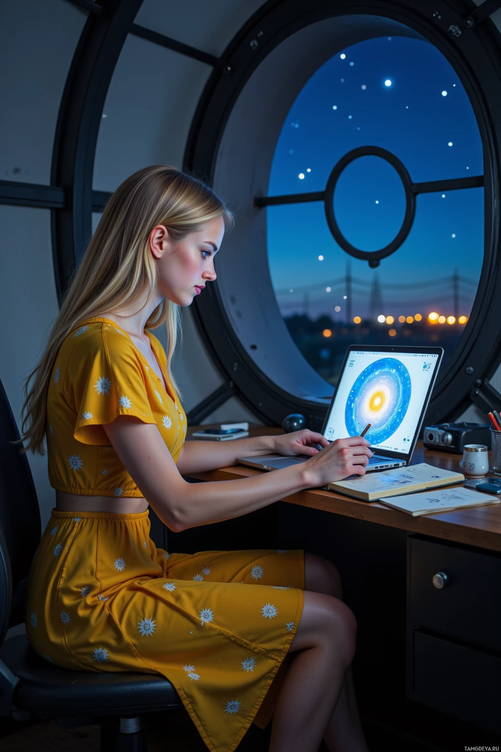A woman in a yellow dress works on a laptop in front of a circular window showing a starry night sky.