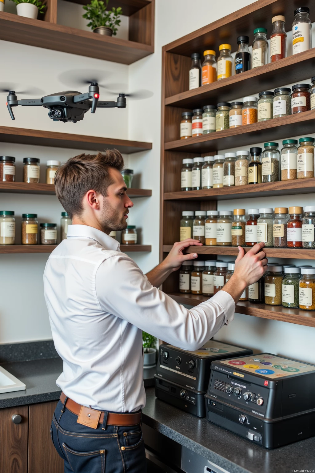 A man in a white shirt is reaching for a spice jar on a shelf in a kitchen.