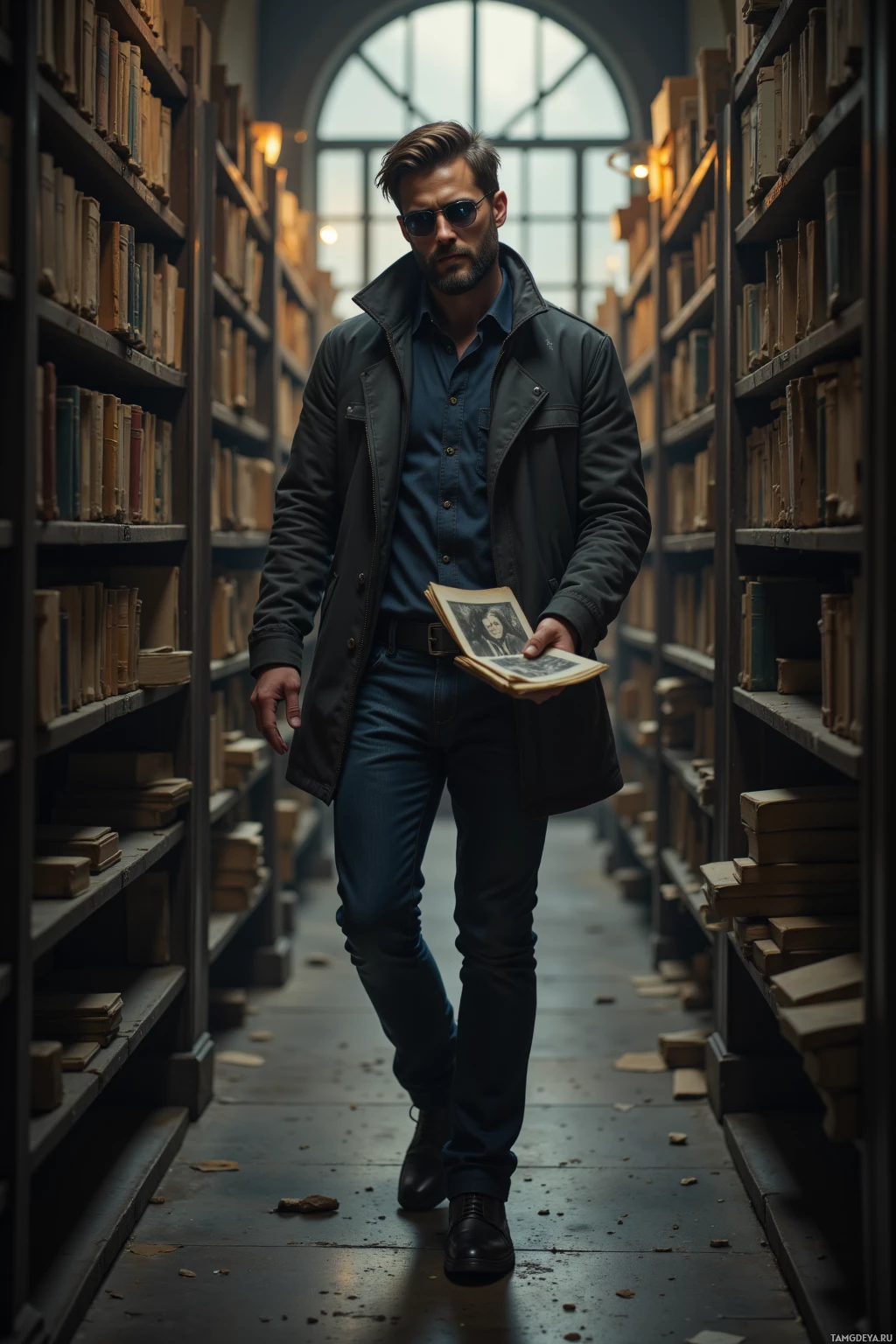 A man in a library holds an old book while walking between bookshelves.
