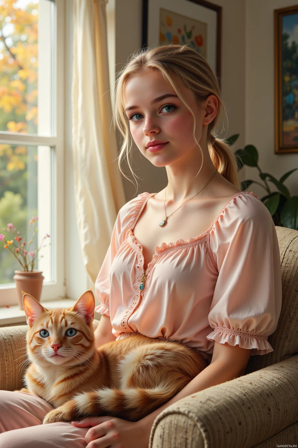A young woman in a pink blouse sits on a couch with a ginger cat.