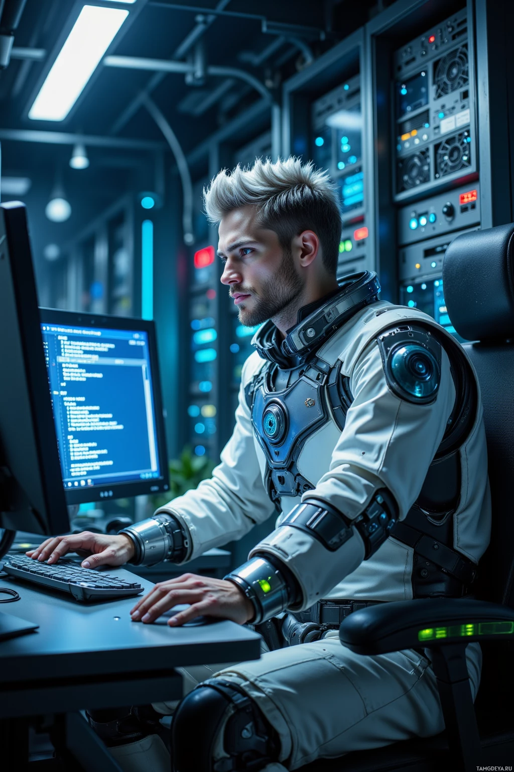 A person in futuristic armor works on a computer in a high-tech environment.