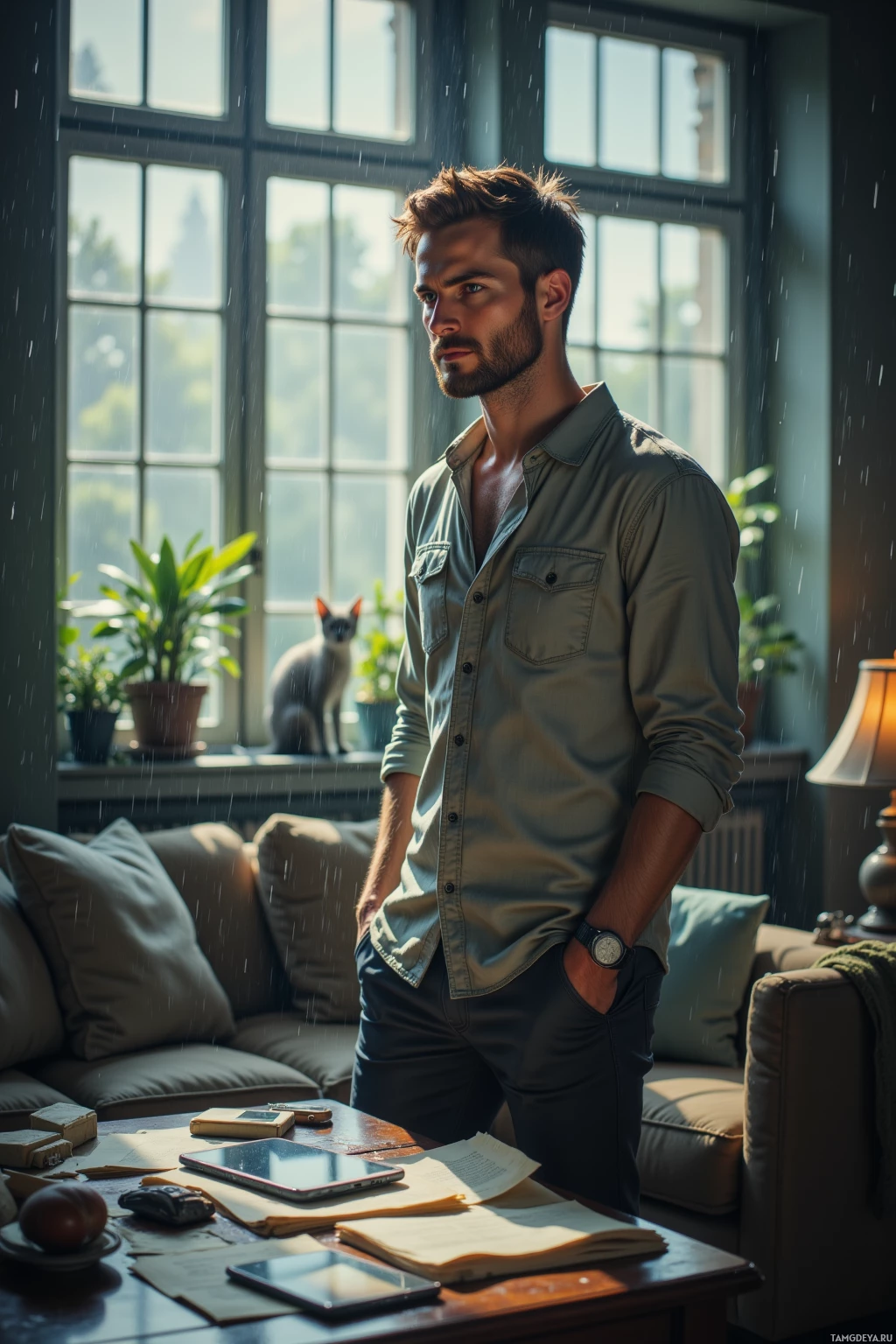 A man stands in a room with a window, rain falling outside, and a cat sitting on the windowsill.