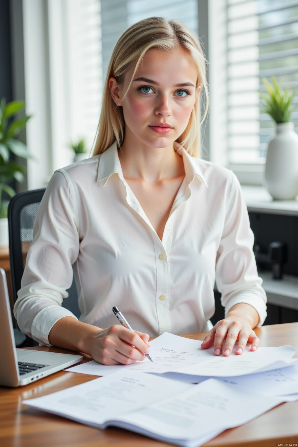 A woman in a white shirt is sitting at a desk, writing on a document.