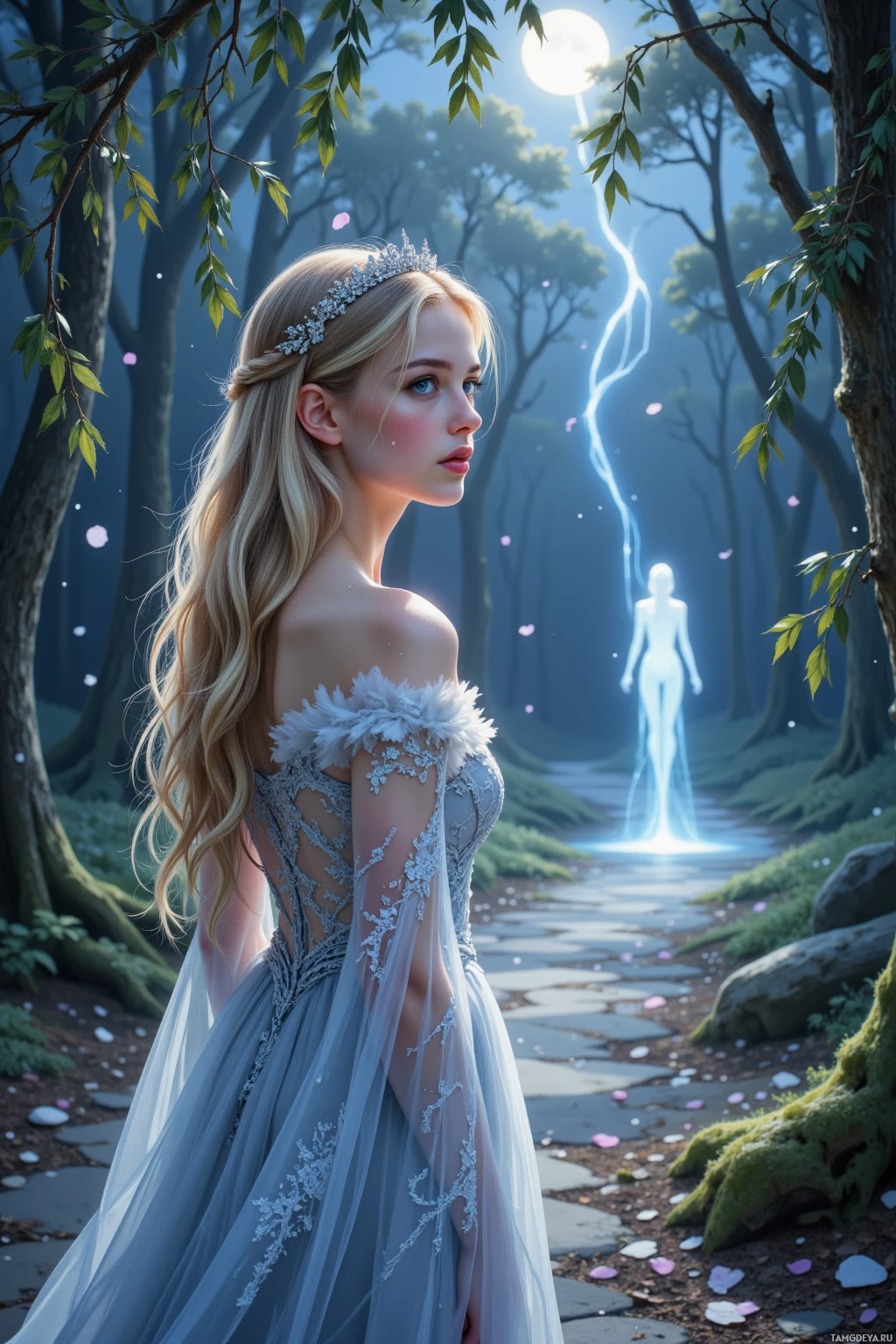 A woman in a flowing gown stands in a mystical forest with a glowing figure in the distance.