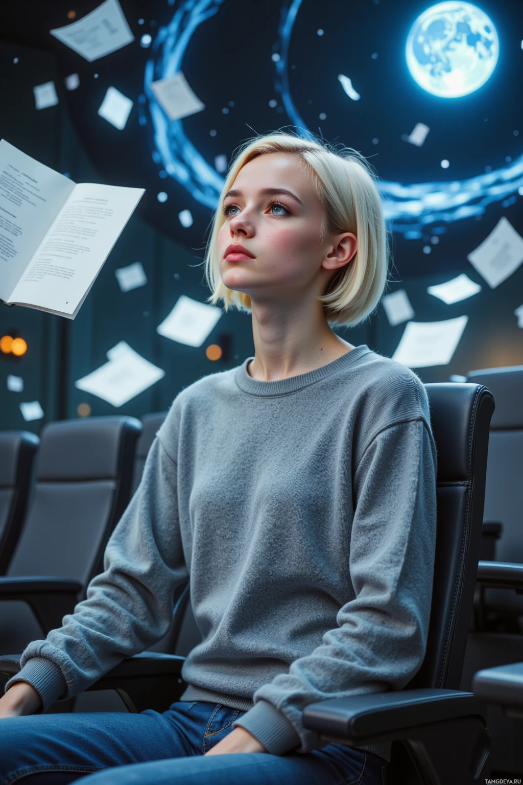 A person in a gray sweater sits in a chair, surrounded by floating papers and a cosmic background.