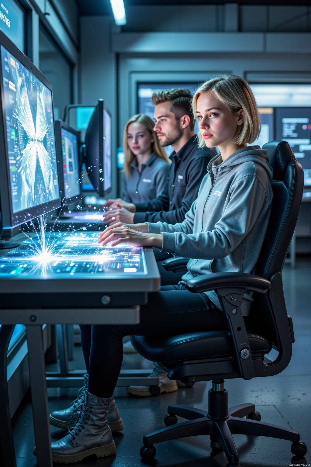 Three individuals are seated at a desk in a modern office environment, working on computer monitors displaying futuristic graphics.