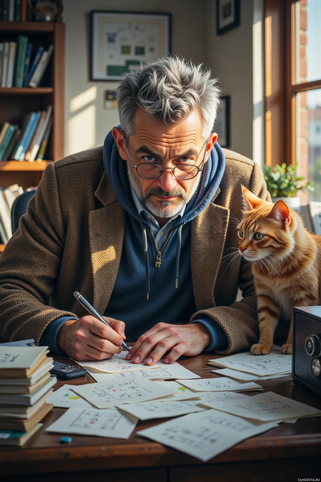 A man with gray hair and glasses sits at a desk, writing, with a cat perched nearby.