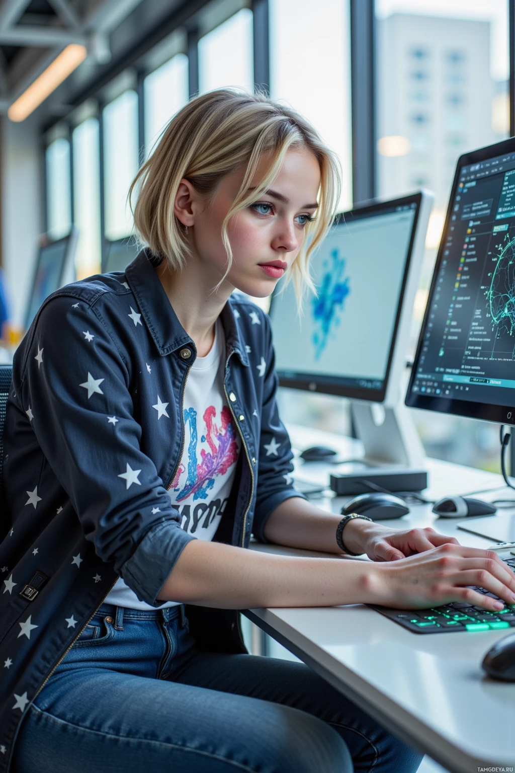 A person is seated at a desk working on a computer in a modern office setting.