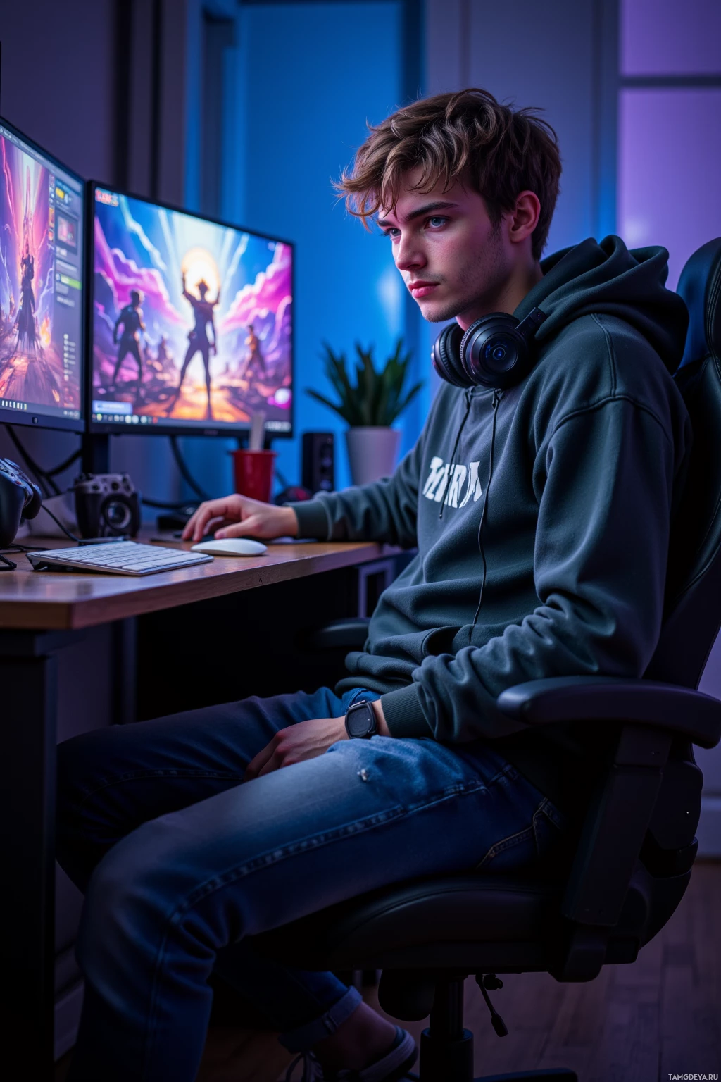 A person wearing a hoodie and jeans sits at a desk with two monitors, wearing headphones and using a computer.