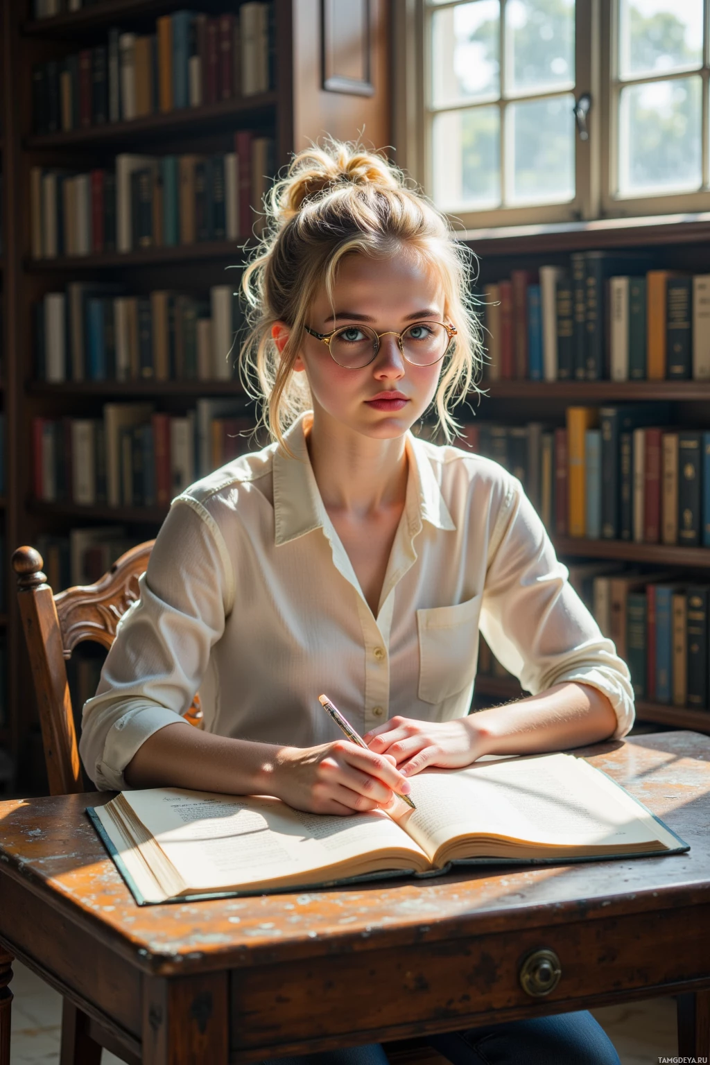 A young woman sits at a desk in a library, holding a pencil and looking at an open book.