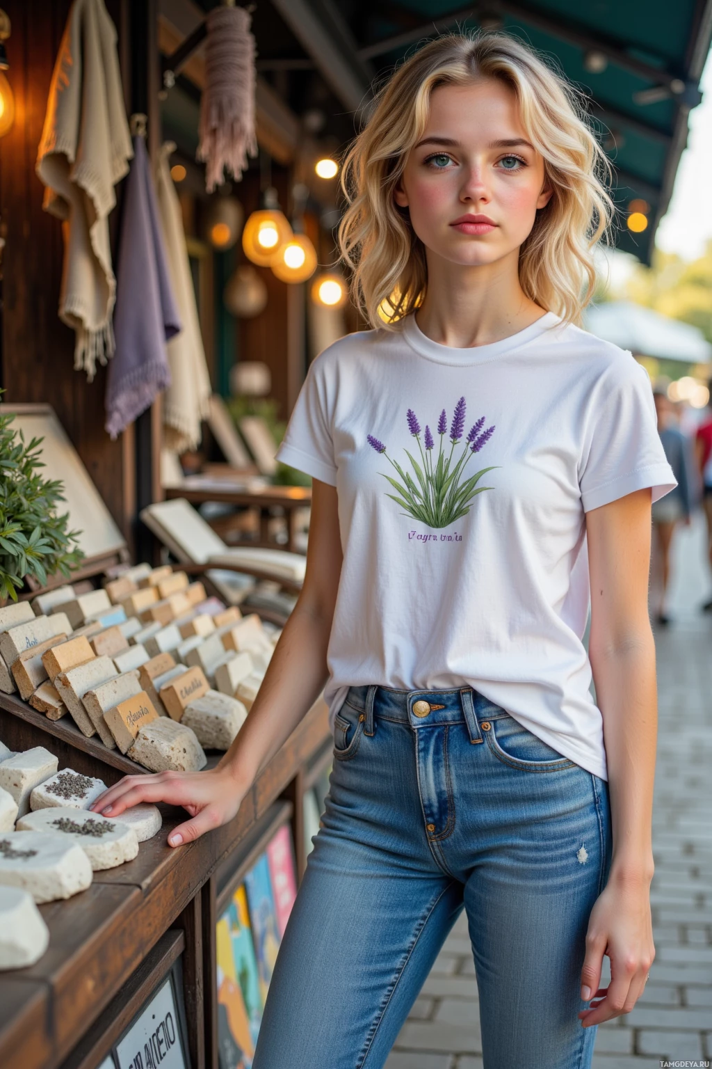 A woman stands outdoors wearing a white t-shirt with a lavender design and blue jeans.