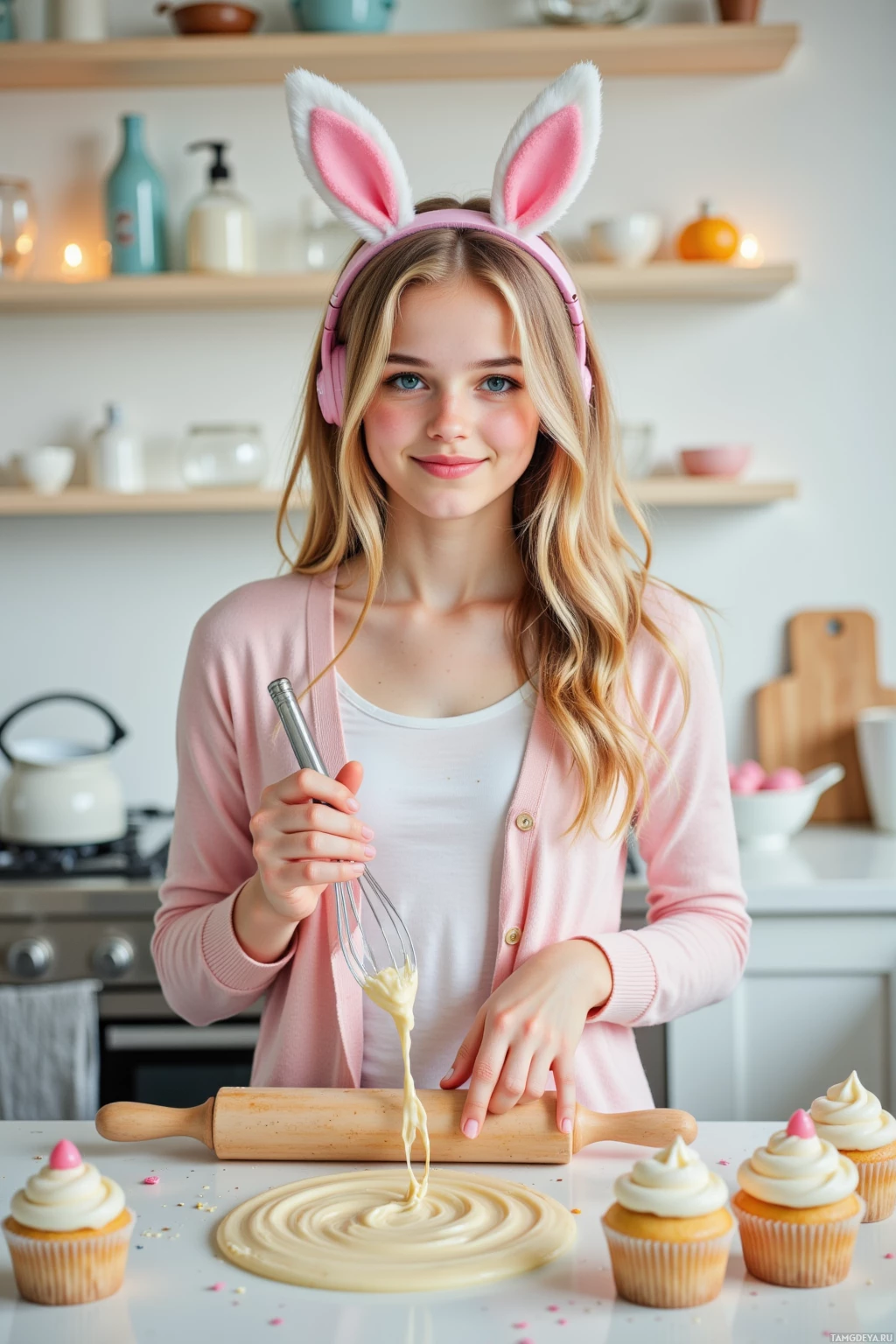 A person wearing bunny ears and a pink cardigan is whisking batter in a kitchen.