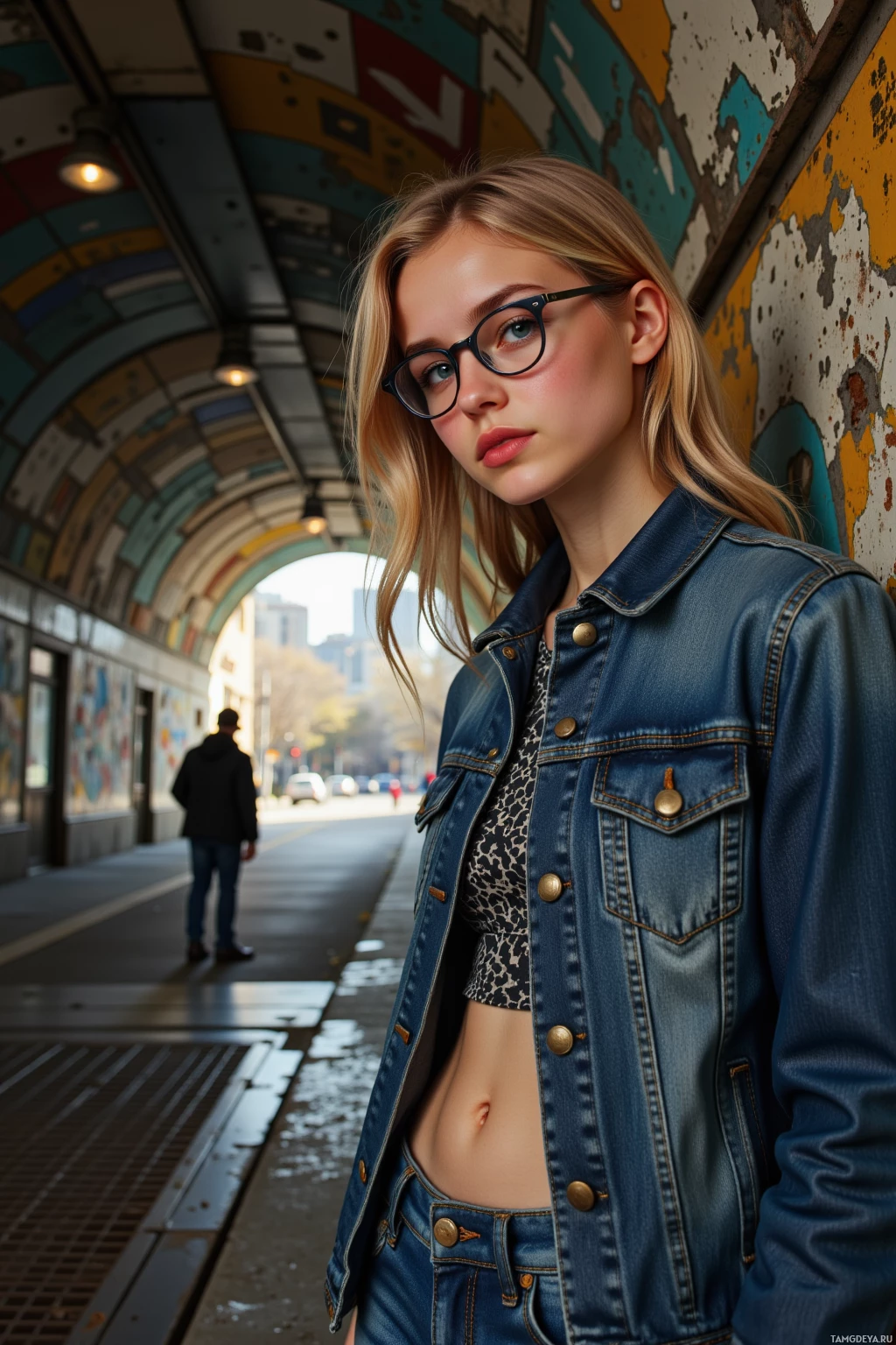 A person wearing a denim jacket and glasses stands in a colorful urban tunnel.