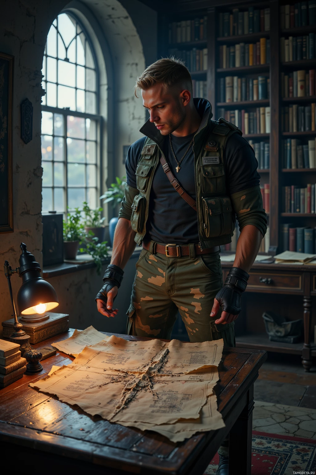 A man in tactical attire stands in a library, examining a map on a desk.