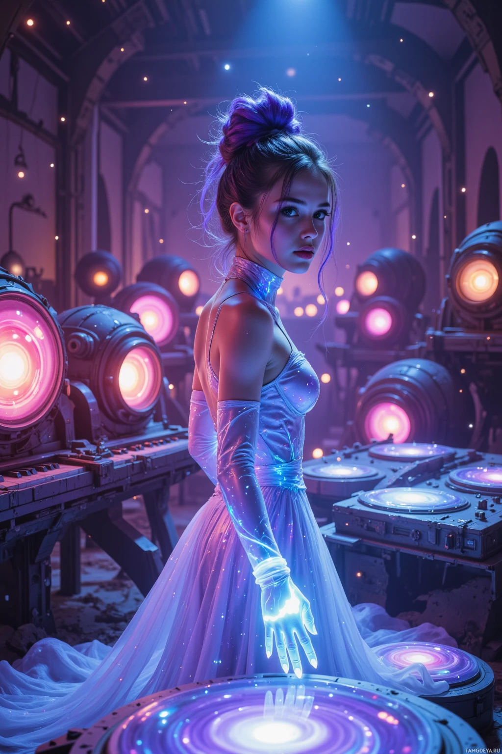 A woman in a futuristic, ethereal dress stands in a room illuminated by glowing lights and mechanical equipment.