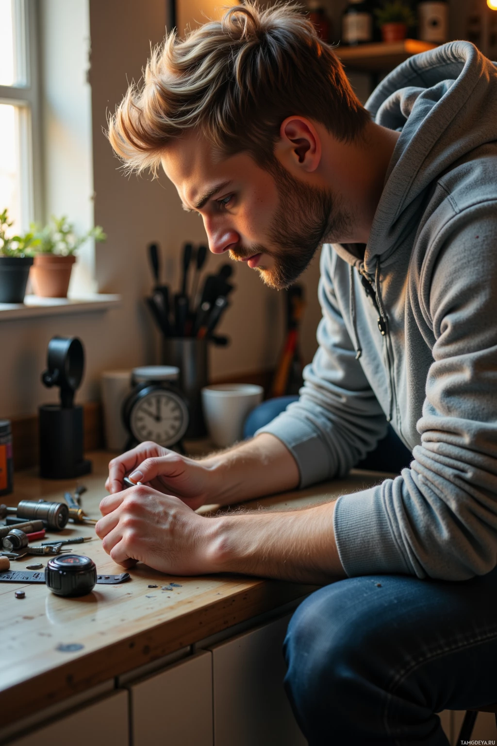 A man in a gray hoodie is focused on a task at a wooden table.