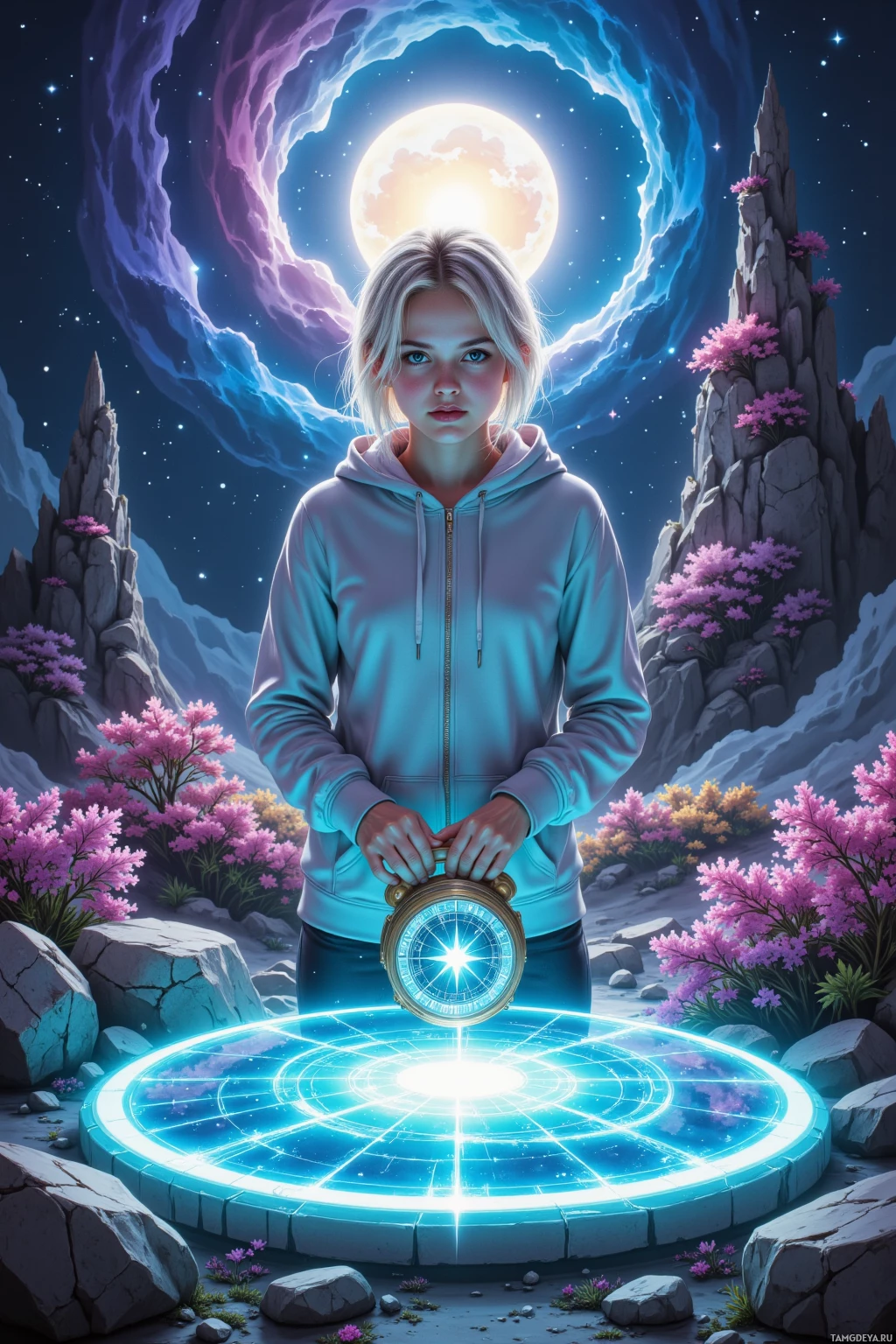 A girl in a hoodie stands in a mystical landscape, holding a glowing compass.