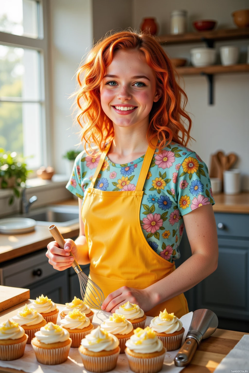 A person in a floral shirt and yellow apron is decorating cupcakes in a kitchen.
