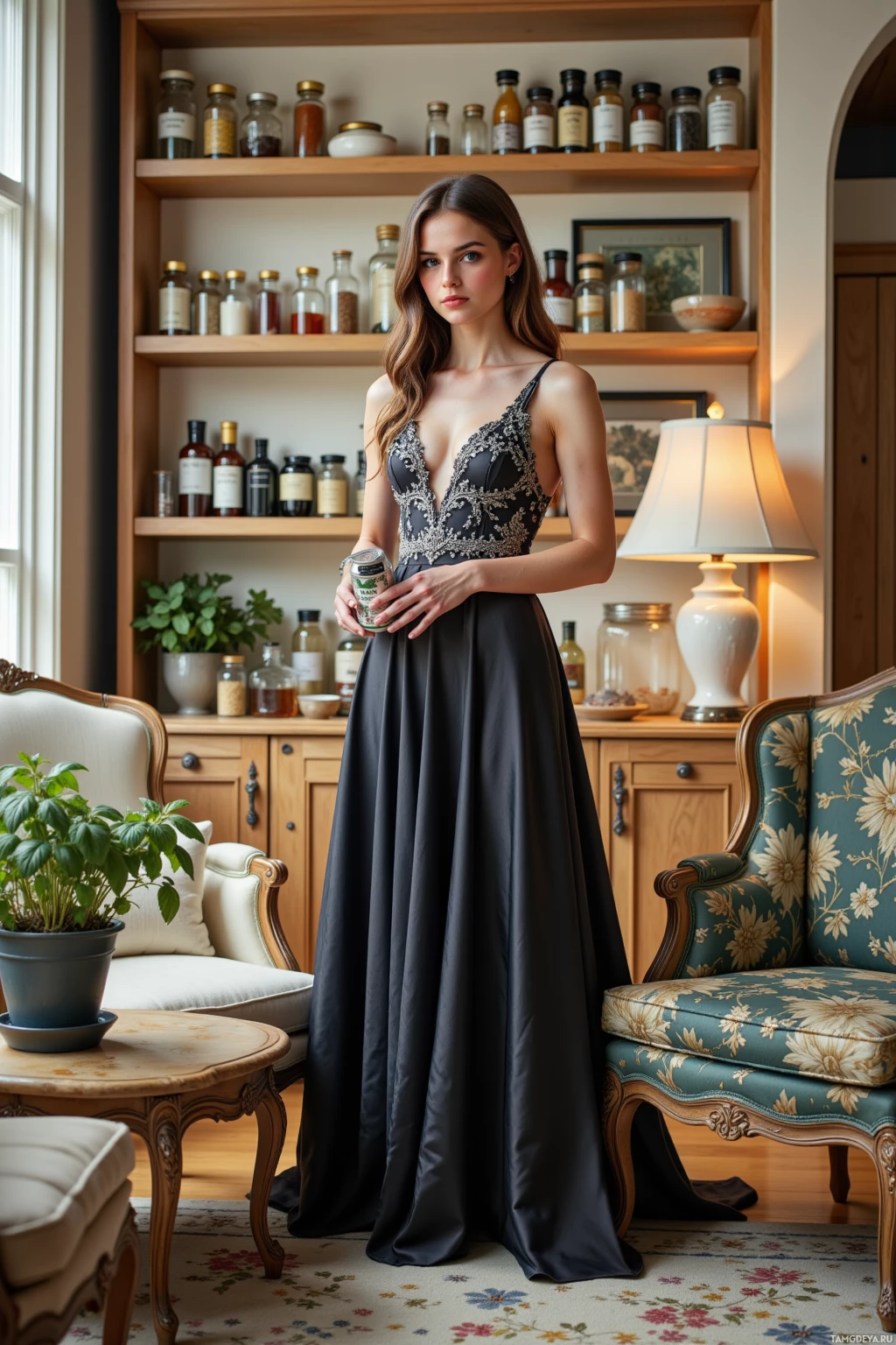 A woman in an elegant black gown stands in a cozy room with shelves of bottles and a floral-patterned chair.