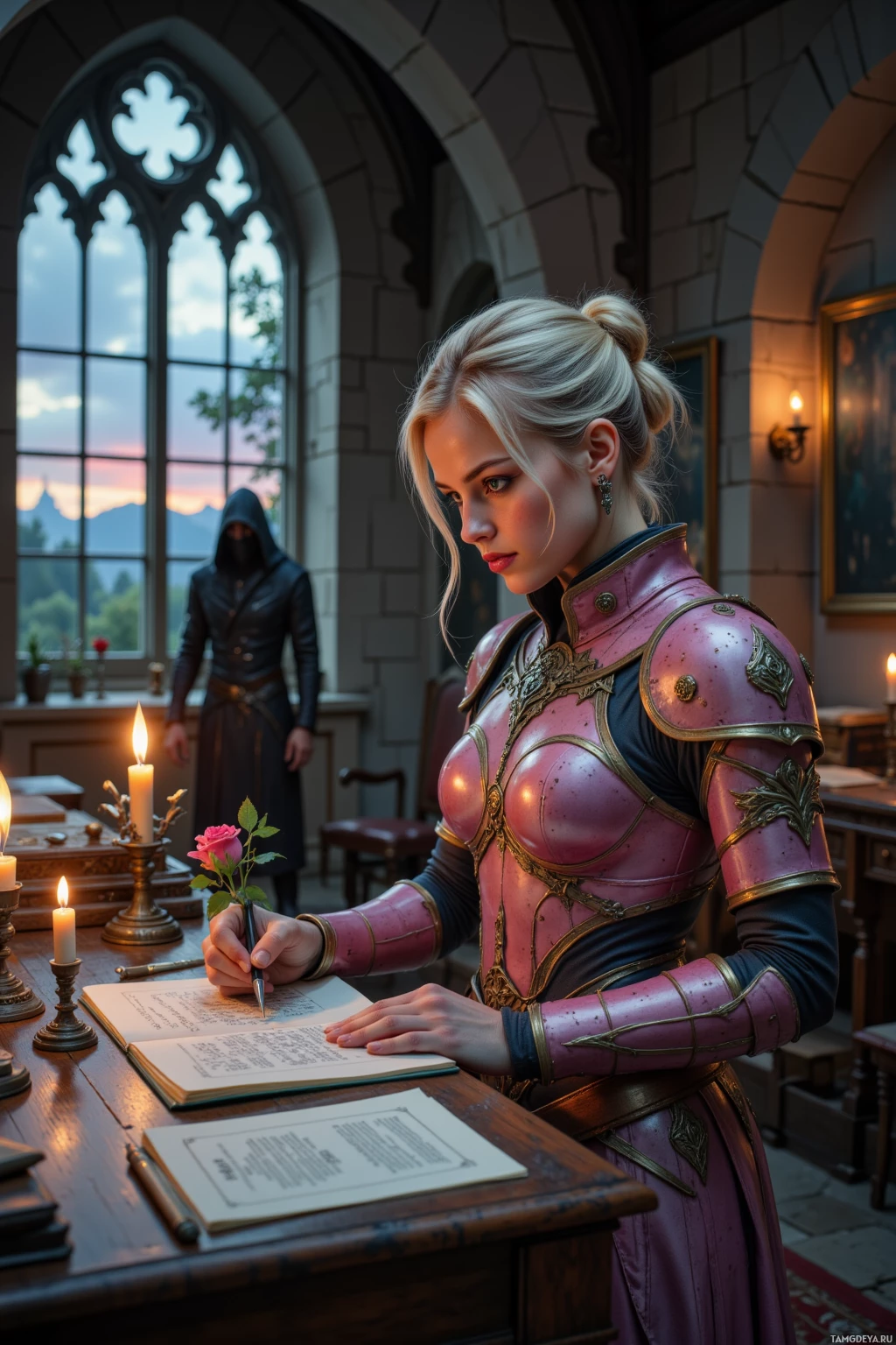 A woman in ornate armor writes in a book at a desk, with a hooded figure in the background.