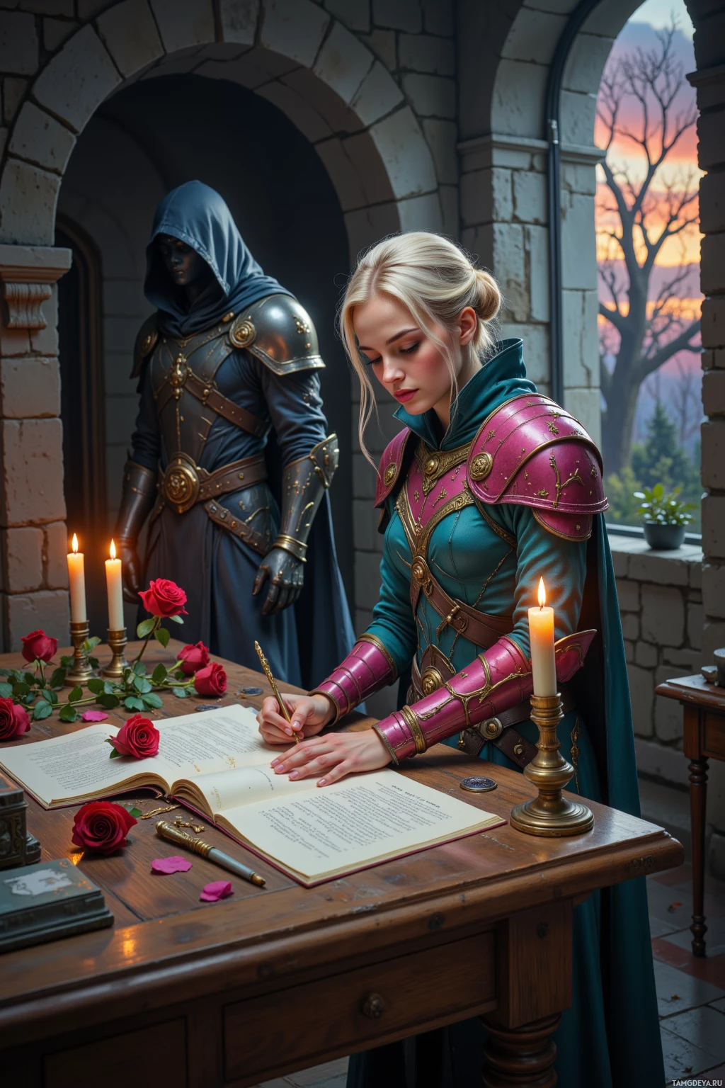 A woman in armor writes at a table with a hooded figure in the background.