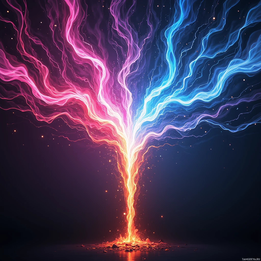 A vibrant, abstract image featuring swirling lines of pink, blue, and orange against a dark background.