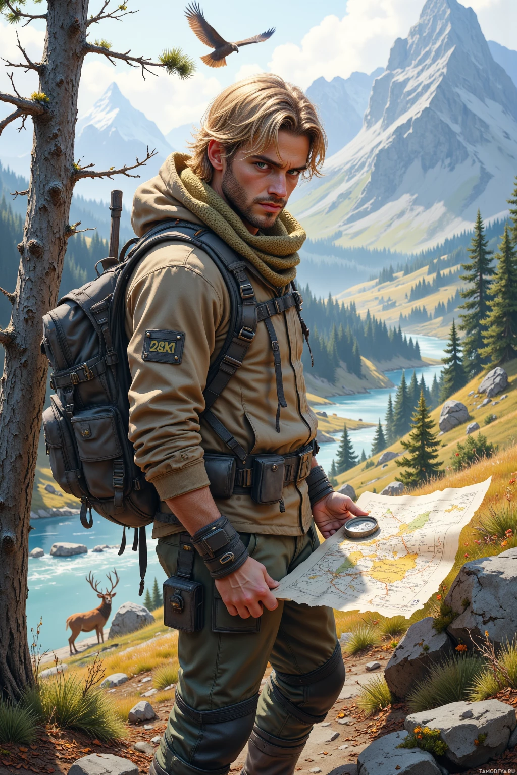 A man in outdoor gear stands in a scenic mountain landscape, holding a map and compass.