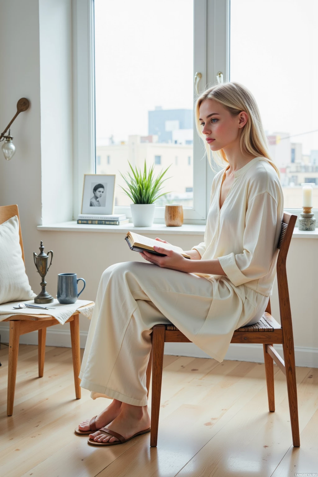 A woman in a light-colored outfit sits on a chair by a window, reading a book.
