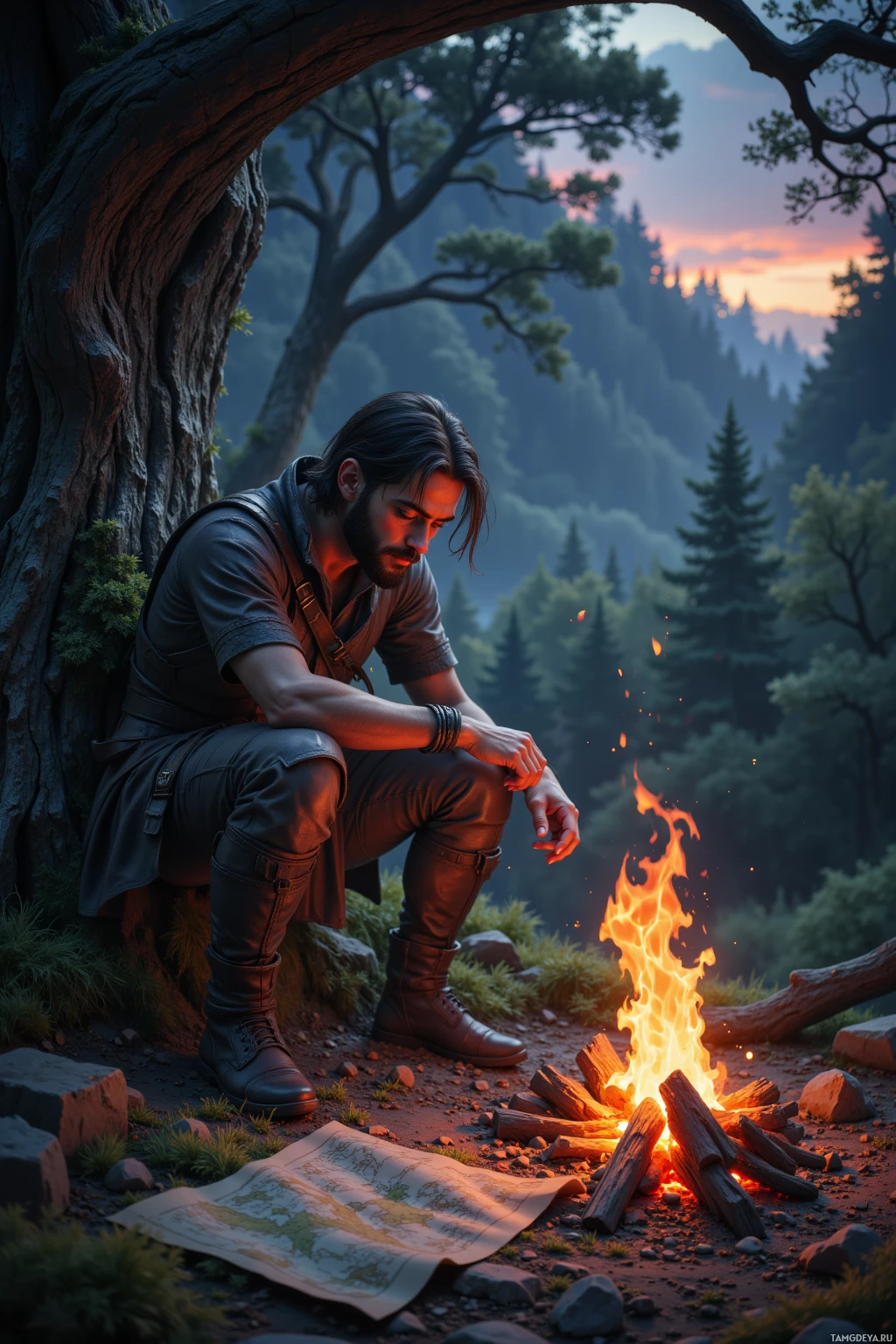 A man sits by a campfire in a forest, surrounded by trees and a map on the ground.
